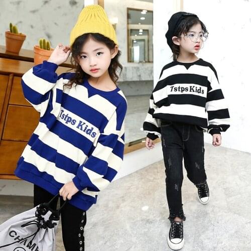 2021 Girls Street Style Striped Letters Sweater Loose Long Sleeve T-shirt Childrens Clothing T-shirts for Girl 6 8 10 12 Years