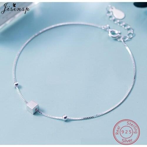 Jisensp 925 Sterling Silver Cubic Square Bracelet Simple Bead Cuff Bracelets for Women Link Chain Charm Bracelet homme pulseras