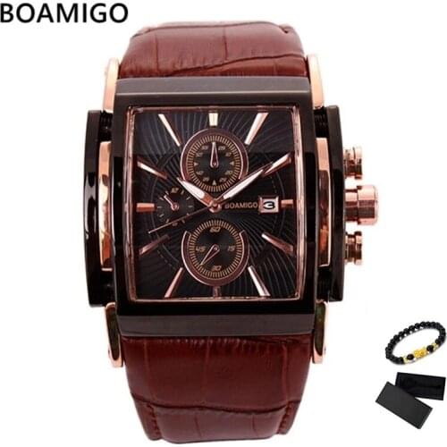BOAMIGO Leather Watch Men Waterproof Big Dial Sports Watches Rose Gold Mens Wristwatches For Man Male Clock relogio masculino