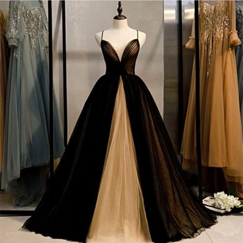 Black Evening Dress V-neck A-line Formal Dress With Lace Up Back Evening Dresses Long Dress 2020 New Fashion Robe De Soiree