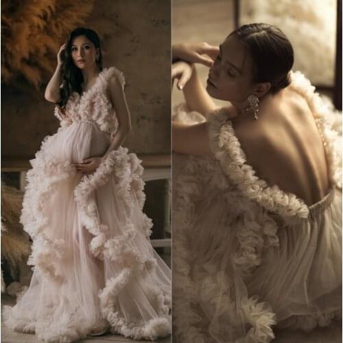 Fashion Maternity Dress for Photoshoot or Babyshower Puffy Ruffled Tulle Long Prom Dresses Plus Size Draped Photo Prop Dress