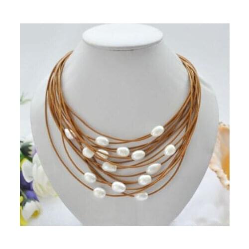 Elegant Handmade Real Pearl Jewelry 15row 20'' 13mm White Rice Freshwater Pearl Coffee Leather Necklace