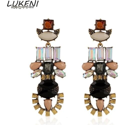 LUKENI Fashion Jewelry Luxury Vintage Metal Big Statement Dangle Earrings Long Created Gemstones Drop Earrings for Women DE122