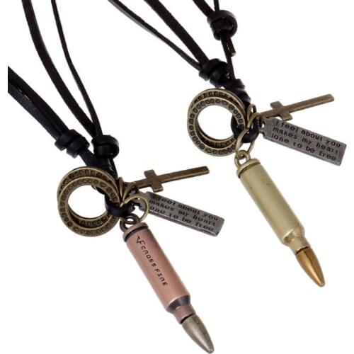 Fashion Punk Men Long Leather Necklace Alloy Bullet Cross Pendant Vintage Retro Charm Black Chain Hiphop Rock Women Jewelry Gift