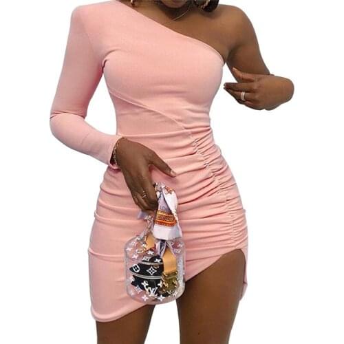 Fashion Women Solid Sexy Short Mini Dress Bodycon Slim One Shoulder Party Cocktail Clubwear Autumn Outfits