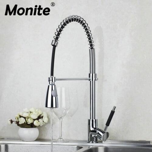 Monite Chrome Solid Brass Pull Down & Swivel Swivel Kitchen Single Hole Vessel Sink Mixer Tap Faucet 2 Function Spray Mixer Tap