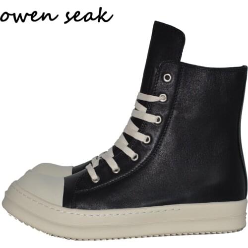 Owen Seak Men Shoes High-TOP Ankle Boots Genuine Leather Women Sneaker Luxury Trainers Casual Lace-up Zip Flat Black White Shoes
