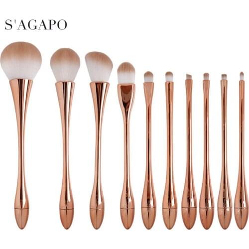 S'AGAPO 10PCS Champagne Makeup Brushes set Foundation Eyeshadow Eyebrow Lip Concealer Blush professional Face beauty Makeup tool