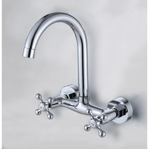 Kitchen Faucet Wall Mounted Bathroom Basin Faucet 360 Degree Rotation Double Handle Dual Hole Cold and Hot Water Mixer Tap Crane