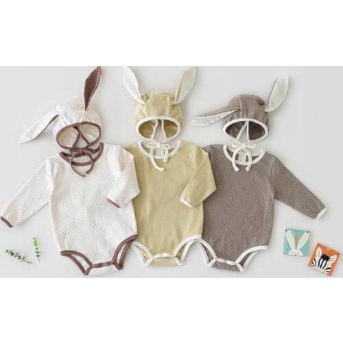 2021 Autumn New Baby Long Sleeve Bodysuit Boys And Girl Cute Dot Print Jumpsuit Cotton Newborn Bodysuit With Bunny Ears Hat