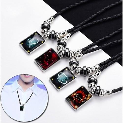 New 12 Constellation Luminous Leather Necklace for Men Jewelry Zodiac Necklace Pendant Men Boys Women Girl Birthday Xmas Gifts