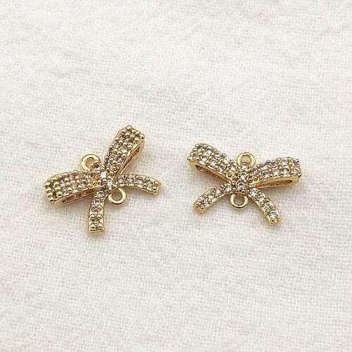 New Arrival! 9x15mm 20pcs Plating Real Gold Cubic Zirconia Bow Connectors For Handmade Necklace Earring Parts DIY Accessories