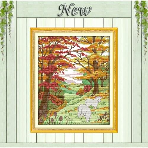 Sheep in the Autumn hills forest Scenery,Counted print on canvas DMC 14CT 11CT DIY Cross Stitch Needlework kits Embroidery Sets