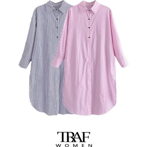 TRAF Za Women Fashion Striped Loose Midi Shirt Dress Vintage Long Sleeve Button-up Female Dresses Vestidos Mujer