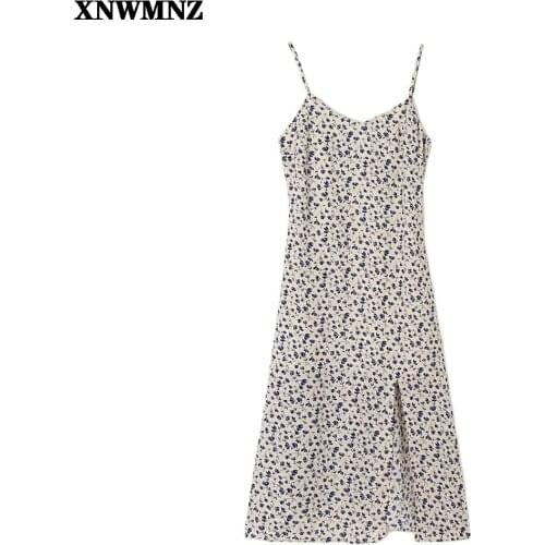 XNWMNZ Floral womens casual flower print slim-fit suspender dress Vintage Chiffon Beach Side Slit Spaghetti Strap Summer Dress