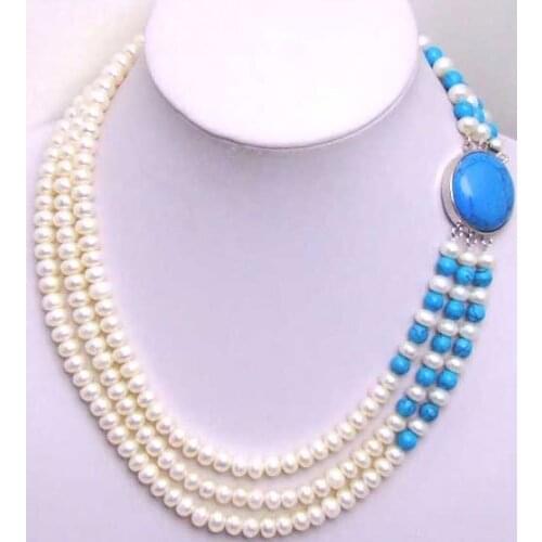 SALE Natural 6-7mm Flat Round White freshwater Pearl 3 Strands neckalce-nec5200 wholesale/retail Free ship