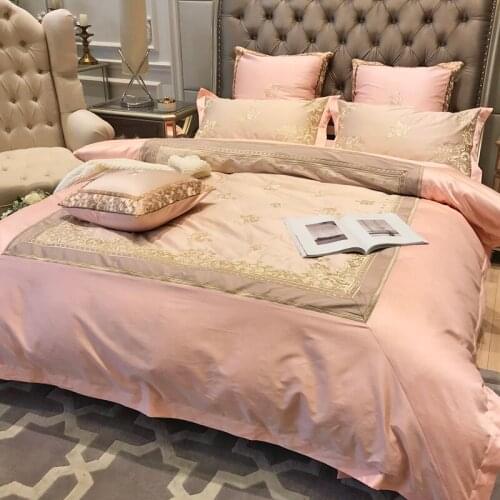 Luxury Pink Embroidered 120S Egyeptian cotton Royal Bedding sets Queen King Wedding Duvet cover Bed sheet set Pillowcases 4pcs