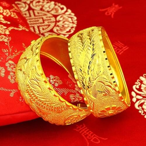 Luxury 24K Yellow Gold Bracelet Bangle For Women 2.5cm Wide Dragon Phoenix Bracelet Bridal Wedding Engagment Fine Jewelry Gifts