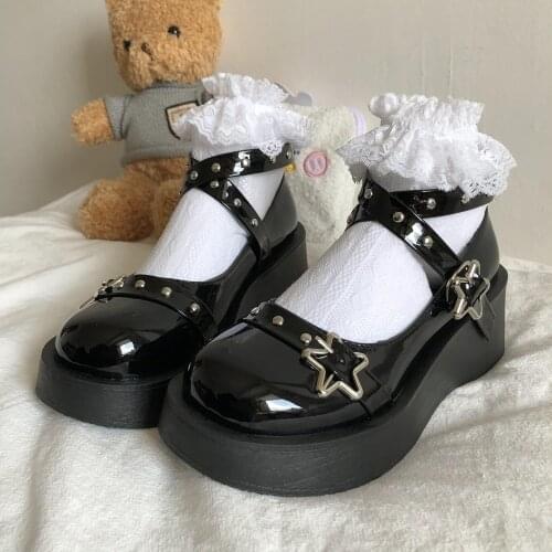 Lolita Shoes Star Buckle Mary Janes Shoes Women Cross-tied Platform Shoes Patent Leather Girls Shoes Rivet Casual Shoes Harajuku