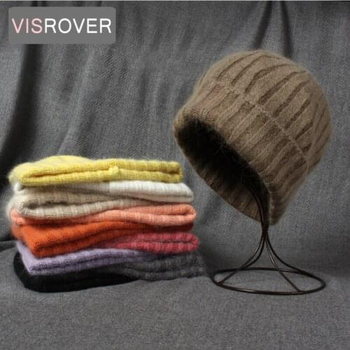 VISROVER 10 Color Rabbit Cashmere unisex Woman Winter Hat With Stripe Autumn Beanies Cashmere Woman Warm Rabbit Fur Skullies