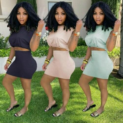 2021 European and American Womens Summer Sleeveless Shoulder Pad T-Shirt One-Step Skirt All-Match Casual Suit High Waist Skirt