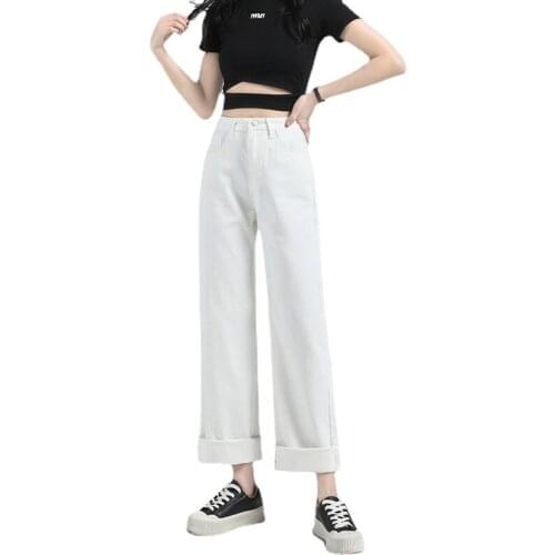 Women Clothing Fashion Pants New Summer New Style Draped High Waist Slimming Straight Wide-leg Mopping White Denim