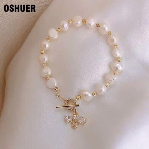 OSHUER hot Fashion Jewelry High-end Natural Baroque Shaped Freshwater Pearl Bracelet Micro-inlaid Bee Design Bracelet for women