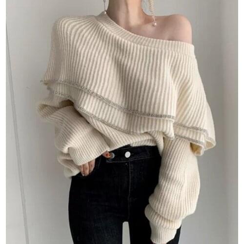 Women Sweater Korean Style Chic Double-Layer Ruffles Bright Silk Edge Stitching Long-Sleeve Knit Elegant loose Pullovers Warm