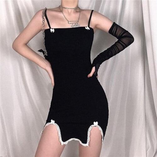 2021 Fashion Trend Women Spaghetti Straps Mini Dress Sling Sleeveless Lace Split Hem Slim Fit Sun Dress for Summer Clubwear