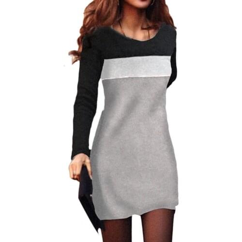 80% HOT SALES！！！Women O Neck Long Sleeve Basic Blouse Tunic Color Block Waist Tight Mini Dress