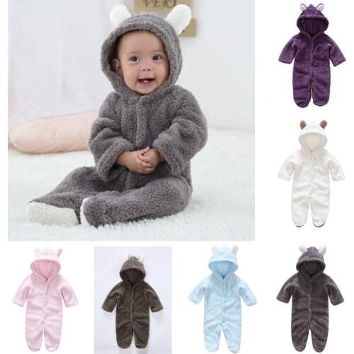 Winter Cute Newborn Infant Baby Boys Girls Solid Colors Long Sleeve Cartoon Ear Plush Thick Warm Climbing Romper Jumpsuit#p4