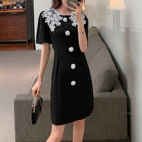 2021Elegant Dress For Women Sexy Dresses S-XL Short Sleeve Floral Appliques Party Black Classic Womens Mini Office Lady Dress