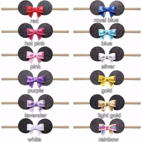 30pcs / lot , Mouse Ears Headband For Summer Girls Glitter Sequin bow Hair Band Kids Birthday Party Ears Hair accessories