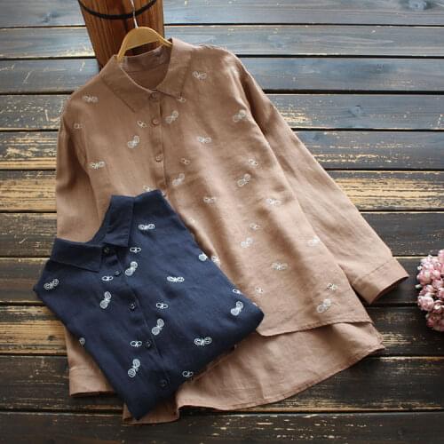 8756 New Spring Women Blouse Japan Style Mori Girl Literary Long Sleeve Turndown Collar Embroidery Linen Shirt