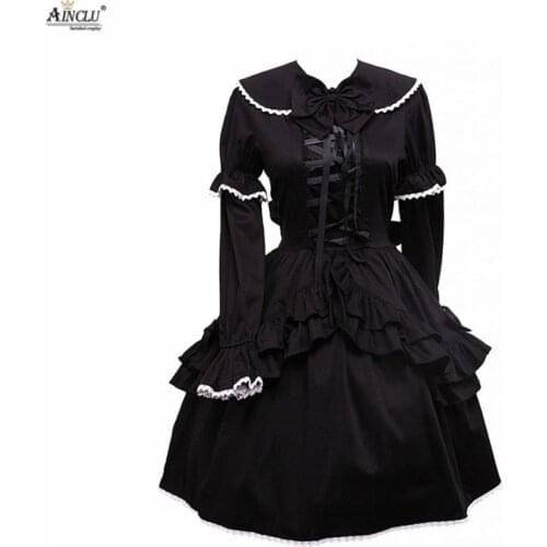 Ainclu Free Shipping XS To XXL Cemavin Womens Cotton Black Long Sleeves Gothic Lolita Dress for Usually days Party Halloween