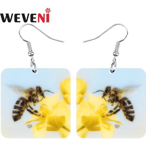 WEVENI Acrylic Square Honeybee Bee Earrings Unique Aesthetic Flower Insect Animal Dangle Drop For Women Girls Charm Gift Jewelry