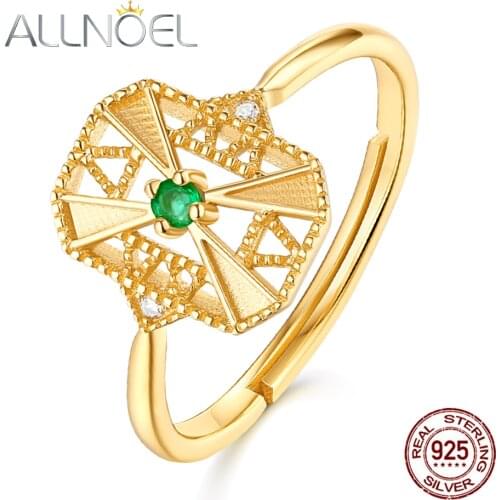 ALLNOEL S925 Sterling Silver 100% Real Emerald Collocation Zircon Design Gold Color Rings Jewelry Gift For Women Fine Jewelry