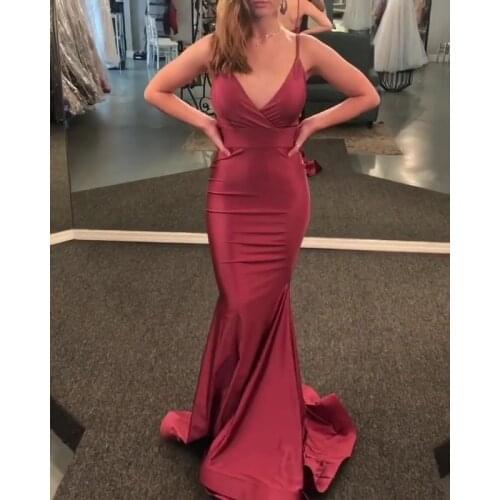 Satin V Neck Spaghetti Straps Mermaid Prom Dresses Long Sleeveless Backless Formal Evening Party Gowns Robe De Soiree