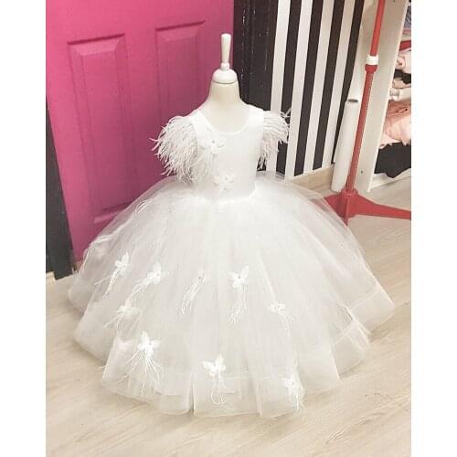 Ivory White Puffy Girls Dresses Long Tulle Handmade Butterflies Princess Flower Girl Dress for Wedding Kid Party Gown 1-14Y
