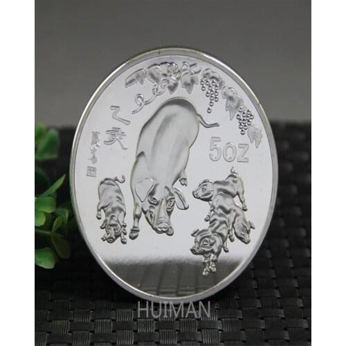 FREE SHIPPING 1995 NEW YEAR OLD SILVER COIN, 5 OUNCES, TWELVE ZODIAC PIG, COMMEMORATIVE COINS, COLLECTIBLES