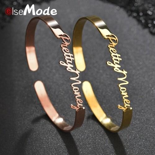 ELSEMODE Customized Name Bracelet Personalized Custom Cuff Bangles Women Men Rose Gold Stainless Steel Jewelry for Couple