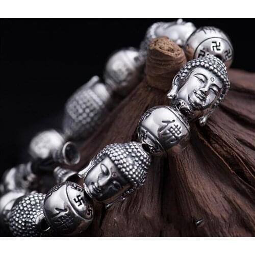 S999 Sterling Silver color Buddha Bracelet Pure silver bracelet Thai silver mens Buddha beads Bracelet Silver color Bracelet
