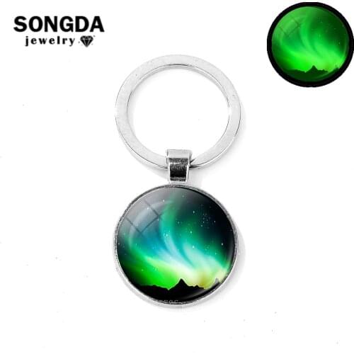 SONGDA Glow In The Dark Green Northern Lights Keychain Galaxy Cosmic Astronomy Aurora Art Picture Glass Cabochon Key Chain Ring