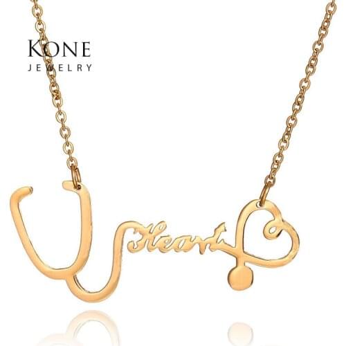 Simple Monogram Heart Doctor Jewelry Stethoscope Rose Gold Color Stainless Steel Chain Necklace For Women Gift