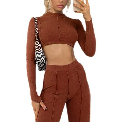 Two Fashionable Casual Suits For Girls Solid Color Round Neck Long Sleeve Nine-Point Comfortable Top + Pants White/Black/Brown
