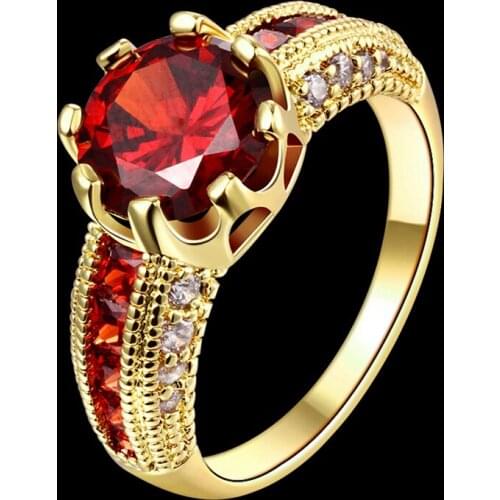 Elegant Gold Overlay Rings Red Cubic Zirconia Garnet Rings Fashion Wedding jewelry size 7 8 AR2050