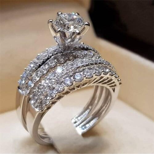 YSDLJG Fashion 2Pcs Set Rings for Women White Round zircon Accessories Wedding Engagement Bands Jewelry Party Gift Lovers ring
