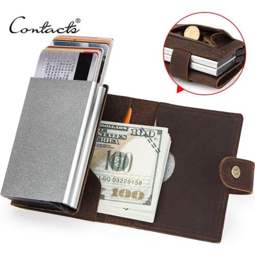 CONTACTS Crazy Horse Leather Card Holder Wallet Men Automatic Pop Up ID Card Case Double Aluminium Boxes RFID Coin Purse Male