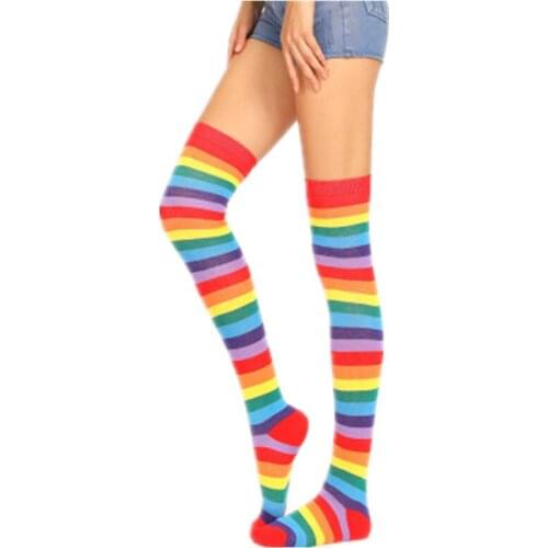Colorful Rainbow Womens Stockings Cotton Stripe Lengthened Large Size Over The Knee Socks Thigh High Long Socks Sexy Stockings