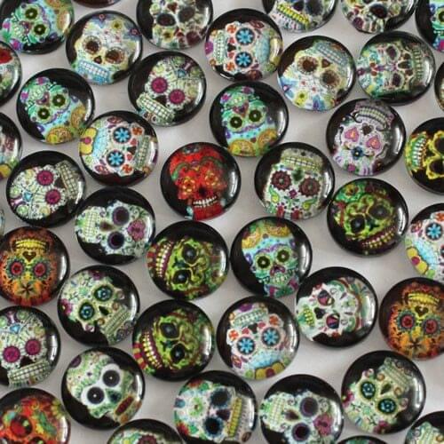 10mm Round Mixed Random Skull Head In Pairs Pattern Glass Cabochon Flatback Photo Cabochons for Charm Base Accessories 50pcs/lot
